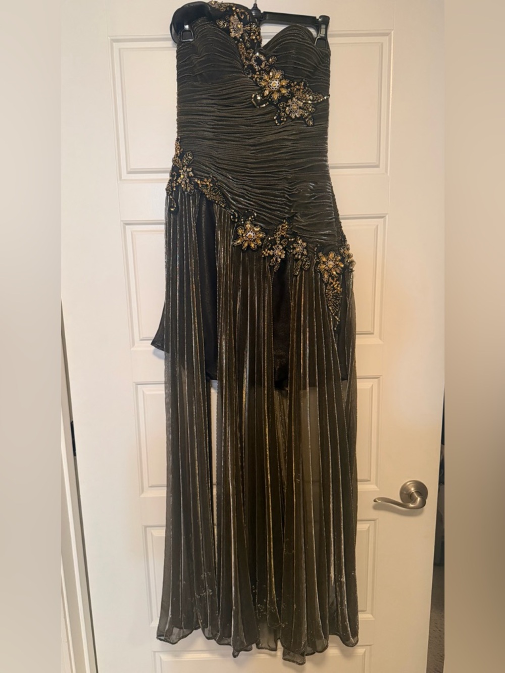 Strapless metallic Evening Gown with Gold Embellishments